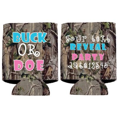 VictoryStore Can and Beverage Coolers - Custom Camouflage Gender Reveal Can Cooler, Buck or Doe, Set of 12