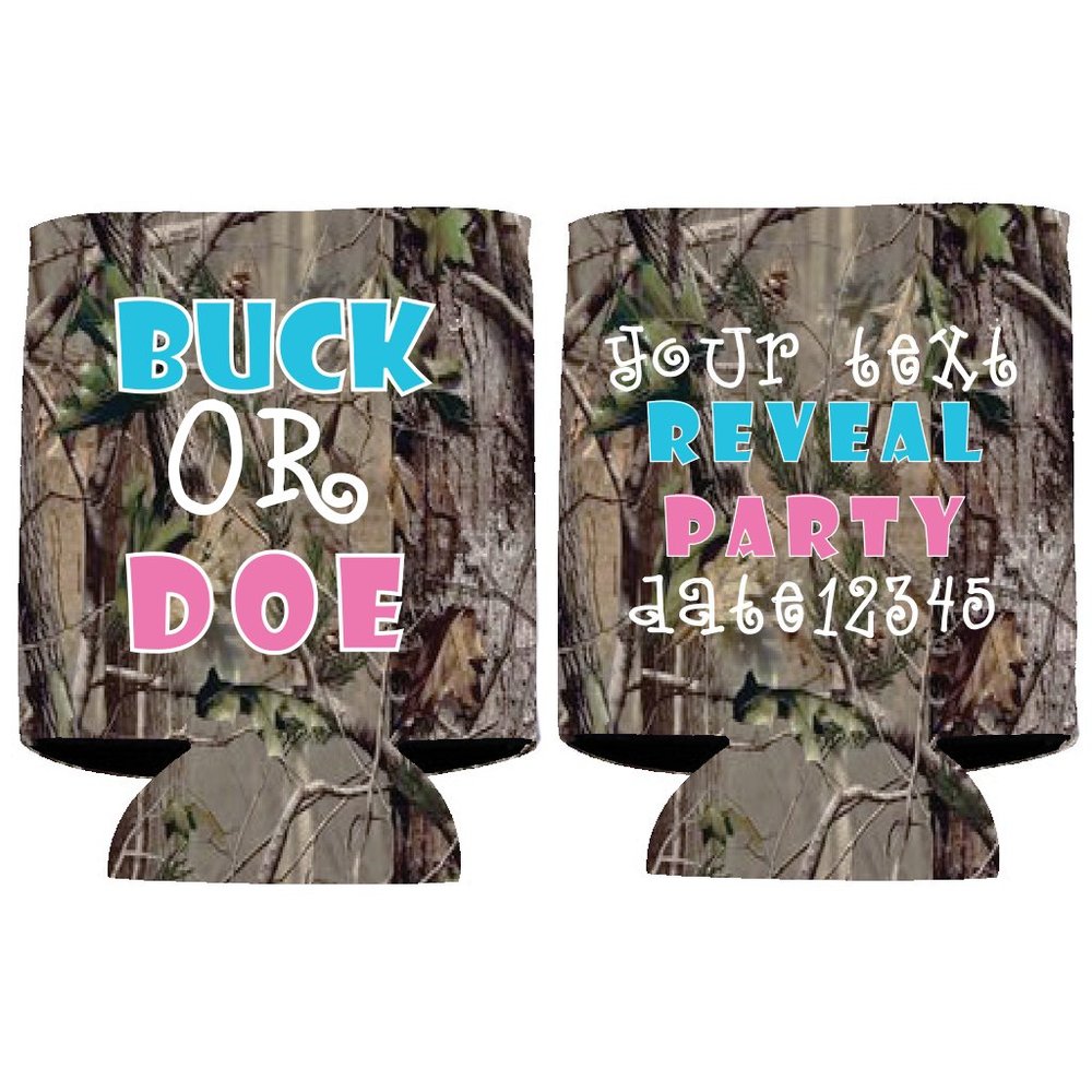 VictoryStore Can and Beverage Coolers - Custom Camouflage Gender Reveal Can Cooler, Buck or Doe, Set of 12