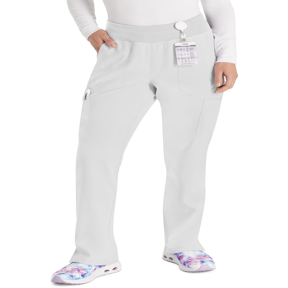 EDS Essentials Pull-On Scrubs for Women, Yoga-Inspired DK005P, L Petite, White