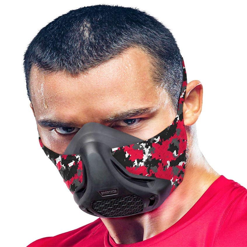 Sparthos High Altitude Mask for Training  for Gym Workout, Running, Cyclist, Cardio - Fitness Hypoxic Resistance Mask 2 3  Urban Lung Exercise Face X Men Paintball [Red Camo + Case]