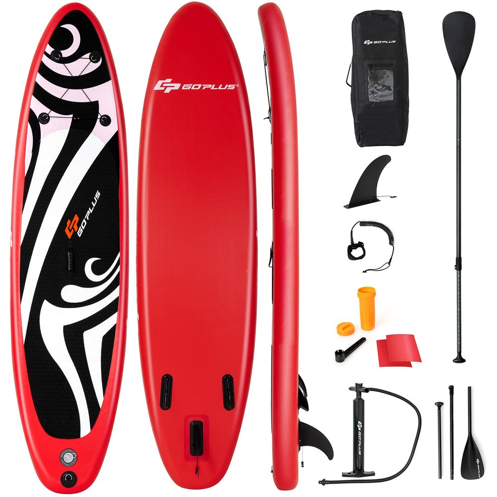 Goplus Inflatable Stand up Paddle Board Surfboard SUP Board with Adjustable Paddle Carry Bag Manual Pump Repair Kit Removable Fin for All Skill Levels, 6" Thick (Red, 11 FT)