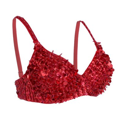 FEESHOW Women's Tribal Glitter Sparkle Belly Dance Beaded Sequined Bra Top for Rave Cabaret Party Red 38/85