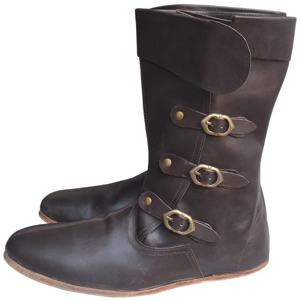 Medieval Leather Boots Long 3 Buckle Hobnail Leather Sole Shoe ABS (Black, 9)