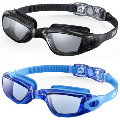 Aegend Swim Goggles, 2 Pack Flexible, Detachable, Mirrored Swimming Goggles No Leaking Adult Men Women Youth, Black & Light Blue