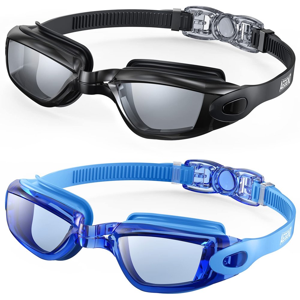 Aegend Swim Goggles, 2 Pack Flexible, Detachable, Mirrored Swimming Goggles No Leaking Adult Men Women Youth, Black & Light Blue