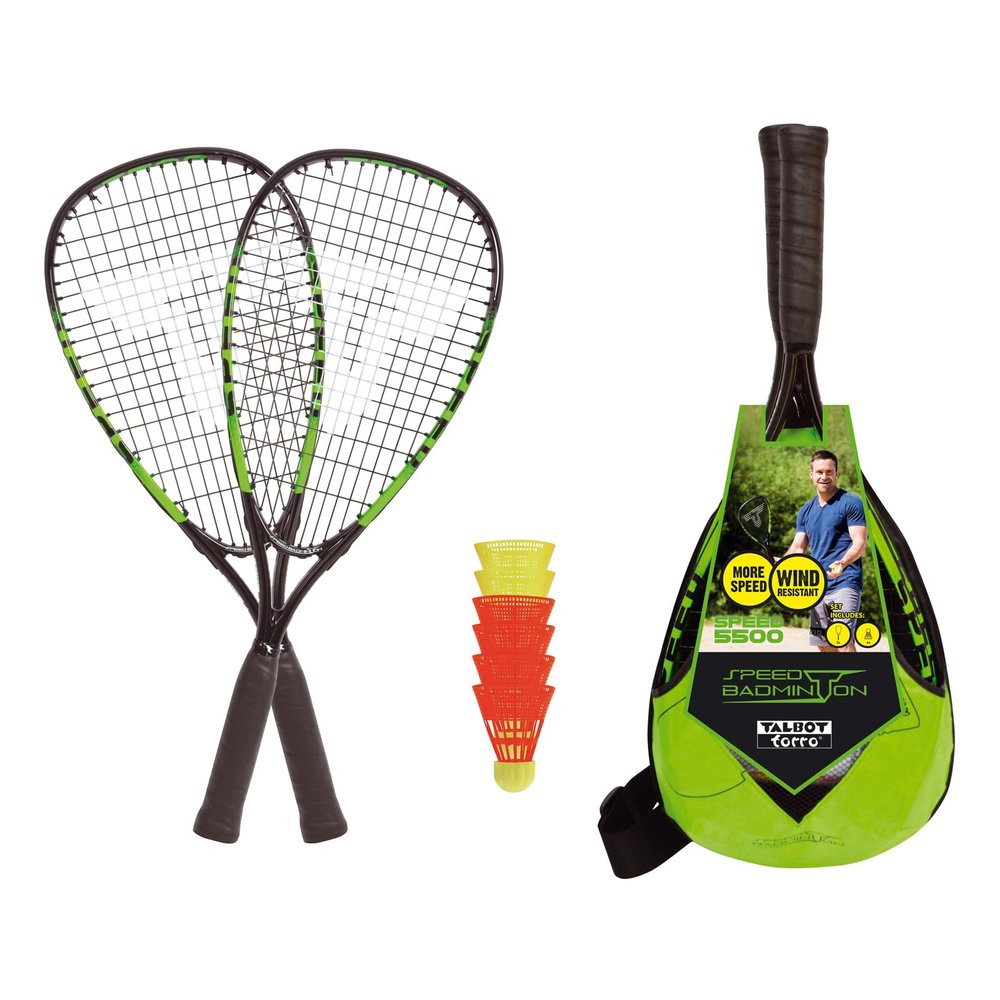 Talbot-Torro Speed-Badminton Set Speed 5500, 2 handy Alu-Rackets 56,5 cm, 6 wind- resistant Shuttles, in trendy Backpack, limegreen-black, 490115
