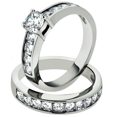 Marimor Jewelry 3.25 Carat Cubic Zirconia Stainless Steel 316 Engagement Wedding Ring Set Size 11