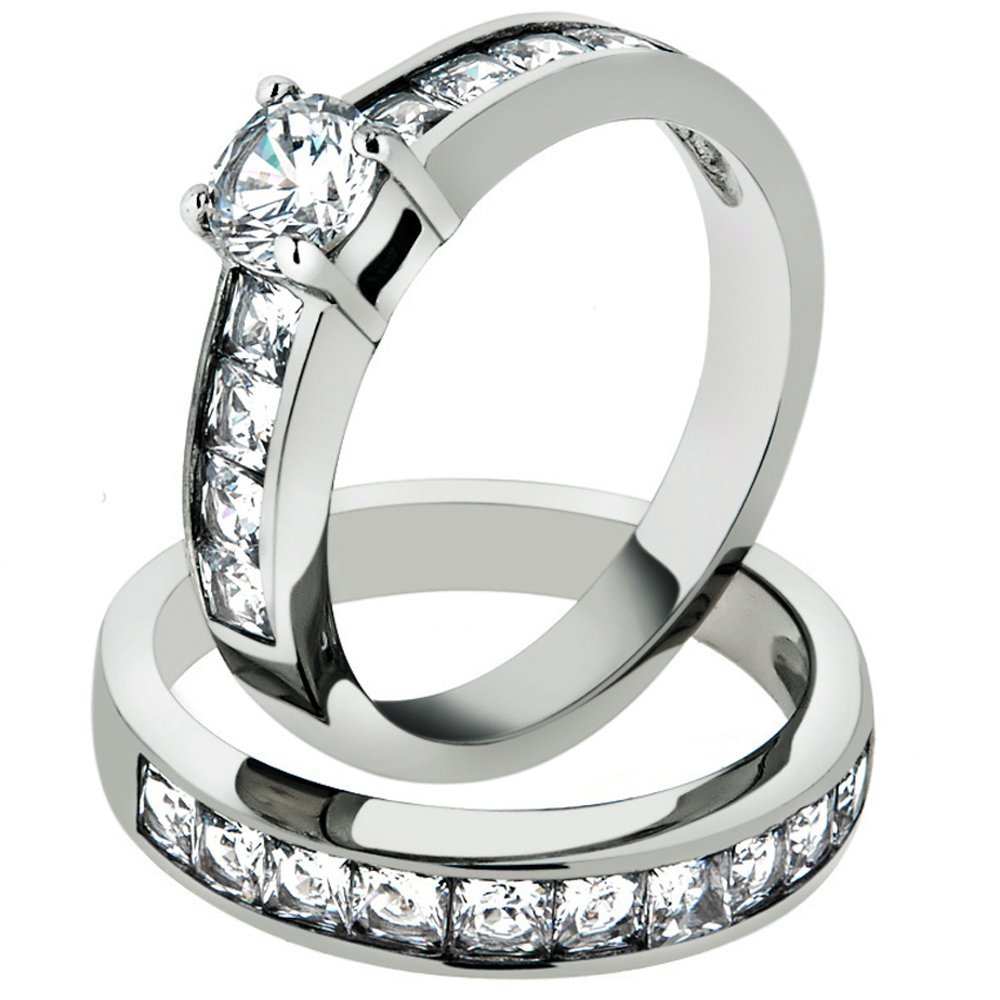 Marimor Jewelry 3.25 Carat Cubic Zirconia Stainless Steel 316 Engagement Wedding Ring Set Size 11