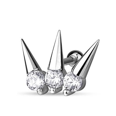 Amelia Fashion 16 Gauge 3 CZ Set Spike Tragus/Cartilage Stud 316L Surgical Steel (Silver & CZ)
