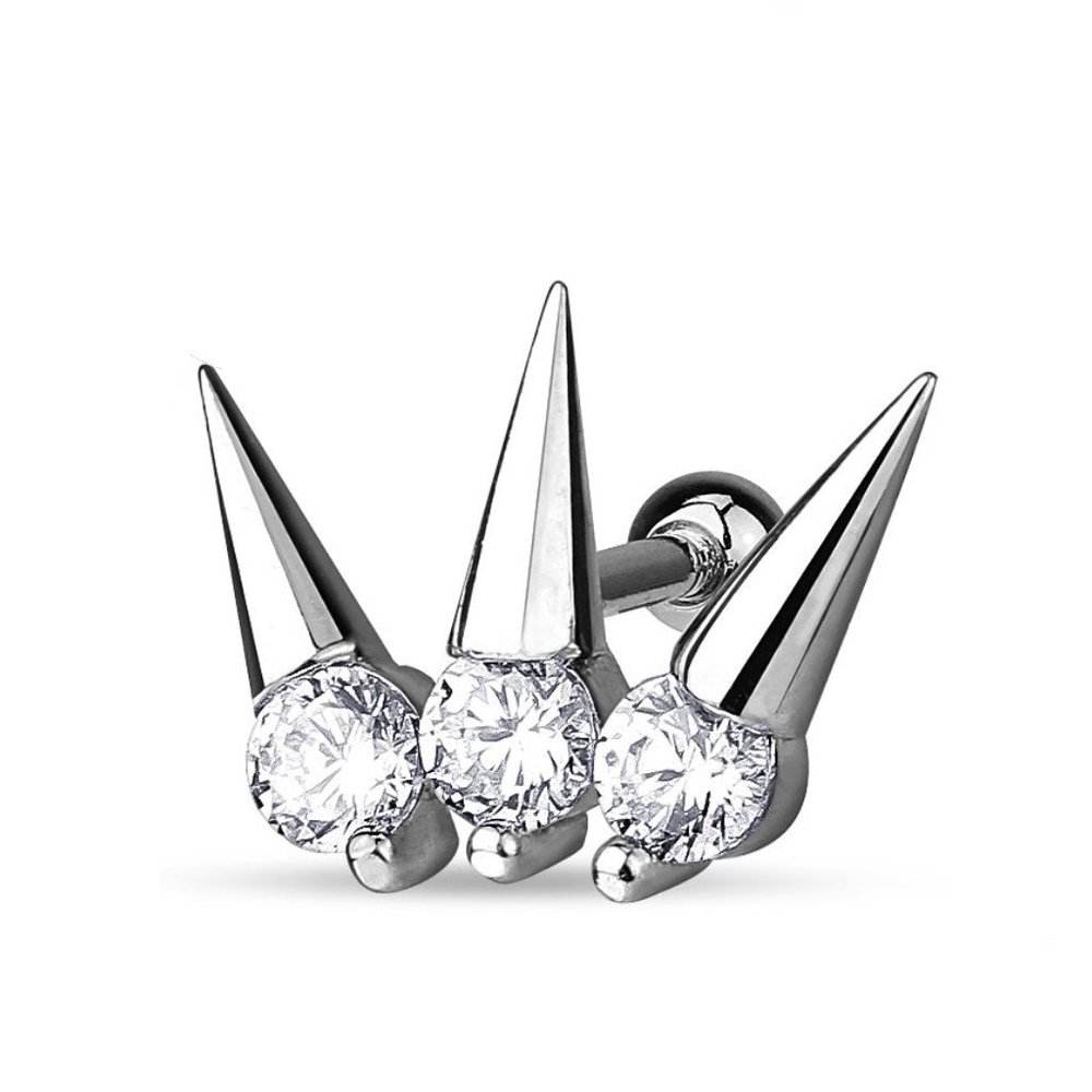 Amelia Fashion 16 Gauge 3 CZ Set Spike Tragus/Cartilage Stud 316L Surgical Steel (Silver & CZ)