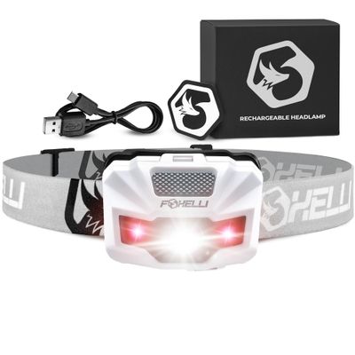 Foxelli USBCRechargeable LED Headlamp UltraLight 2.4oz & Bright180Lumens Red/White Light, 5Modes, IPX5 Waterproof, 40h Runtime for Trail Running, Camping, Hiking