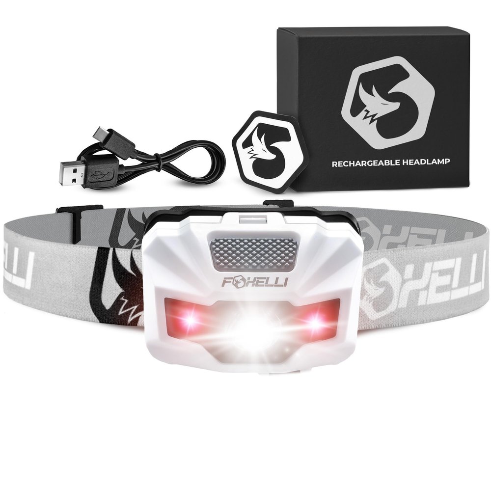 Foxelli USBCRechargeable LED Headlamp UltraLight 2.4oz & Bright180Lumens Red/White Light, 5Modes, IPX5 Waterproof, 40h Runtime for Trail Running, Camping, Hiking