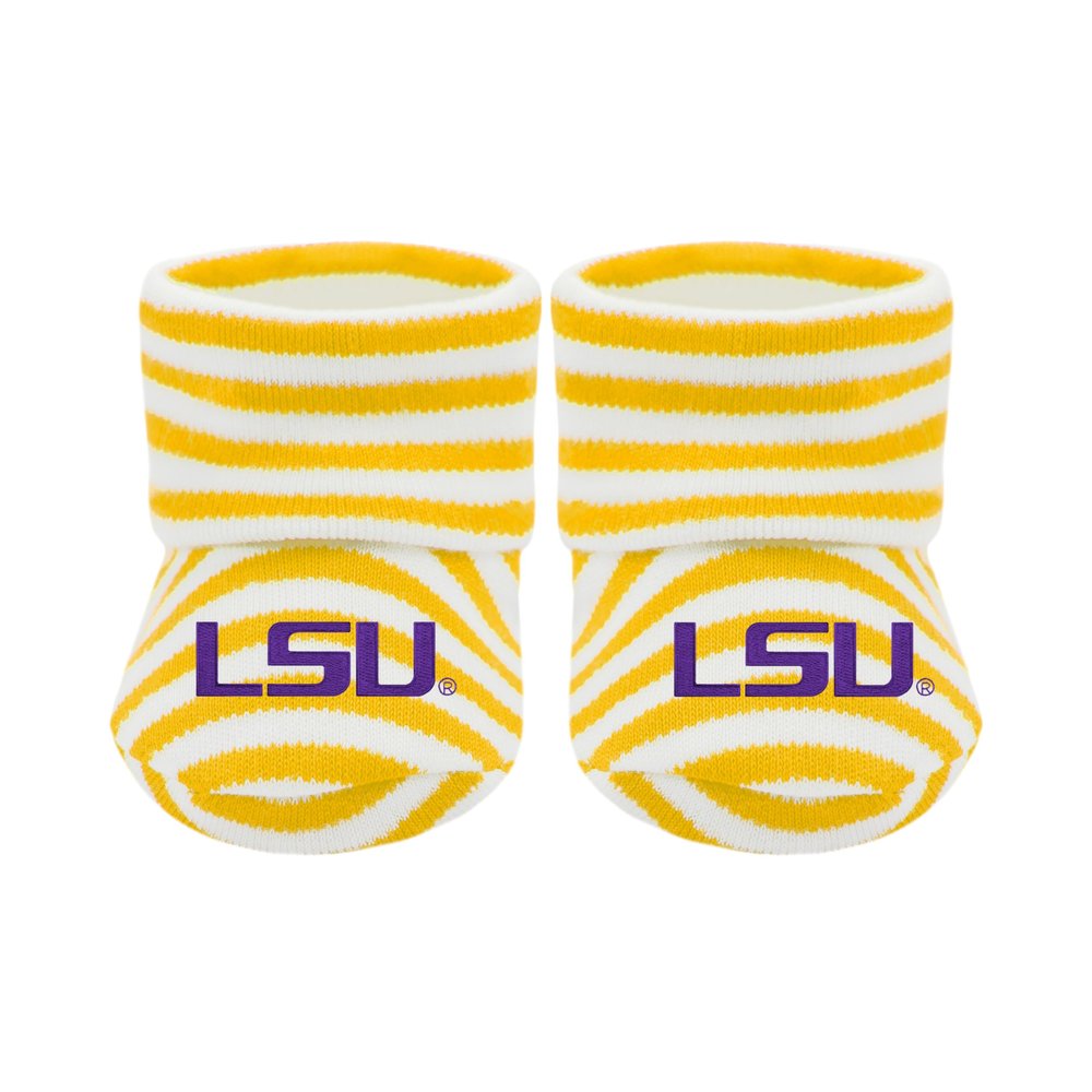 Creative Knitwear College Baby LSU Tigers Unisex Baby Bootie Sock - Embroidered Logo - Gold/White - Size Newborn - 6 Months