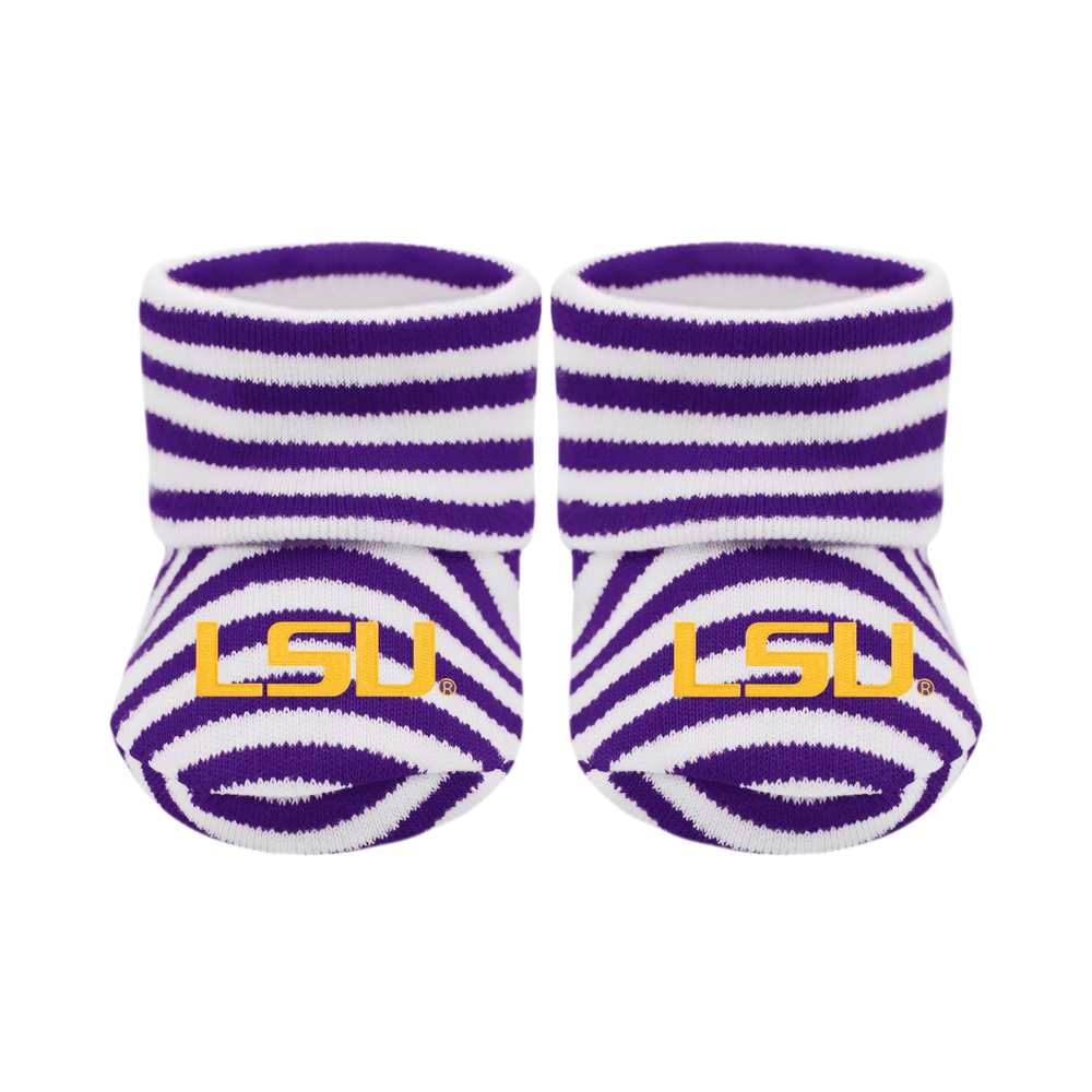Creative Knitwear College Baby LSU Tigers Unisex Baby Bootie Sock - Embroidered Logo - Purple/White - Size Newborn - 6 Months
