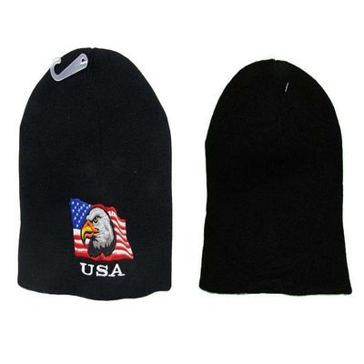 AES 8" U.S.A. USA American Bald Eagle Black Embroidered Beanie Skull Cap Hat 677