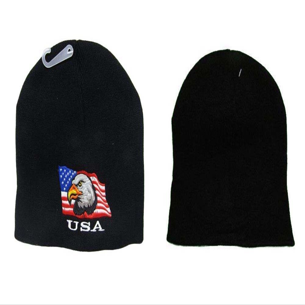 AES 8" U.S.A. USA American Bald Eagle Black Embroidered Beanie Skull Cap Hat 677
