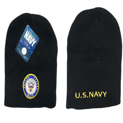 AES 8" US Military USN Emblem Military Black Embroidered Beanie Skull Cap Hat