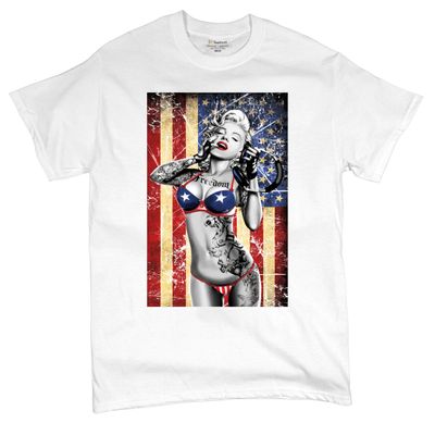 Marilyn Hollywood Glamour Legend Starlet US Flag T-Shirt Freedom Sexy Girl Tattoos Gangsta Mens Tee Shirt White Small