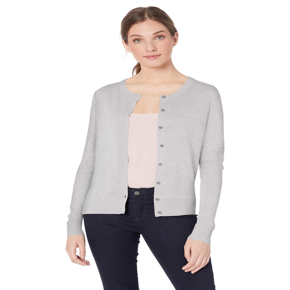 Amazon Essentials Women's Lightweight Crewneck Cardigan Sweater (Available in Plus Size), Light Grey Heather, Medium