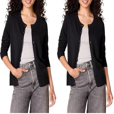 Amazon Essentials Women's Lightweight Crewneck Cardigan Sweater (Available in Plus Size), Black, Small