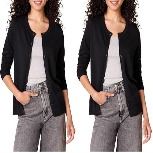 Amazon Essentials Women's Lightweight Crewneck Cardigan Sweater (Available in Plus Size), Black, Small