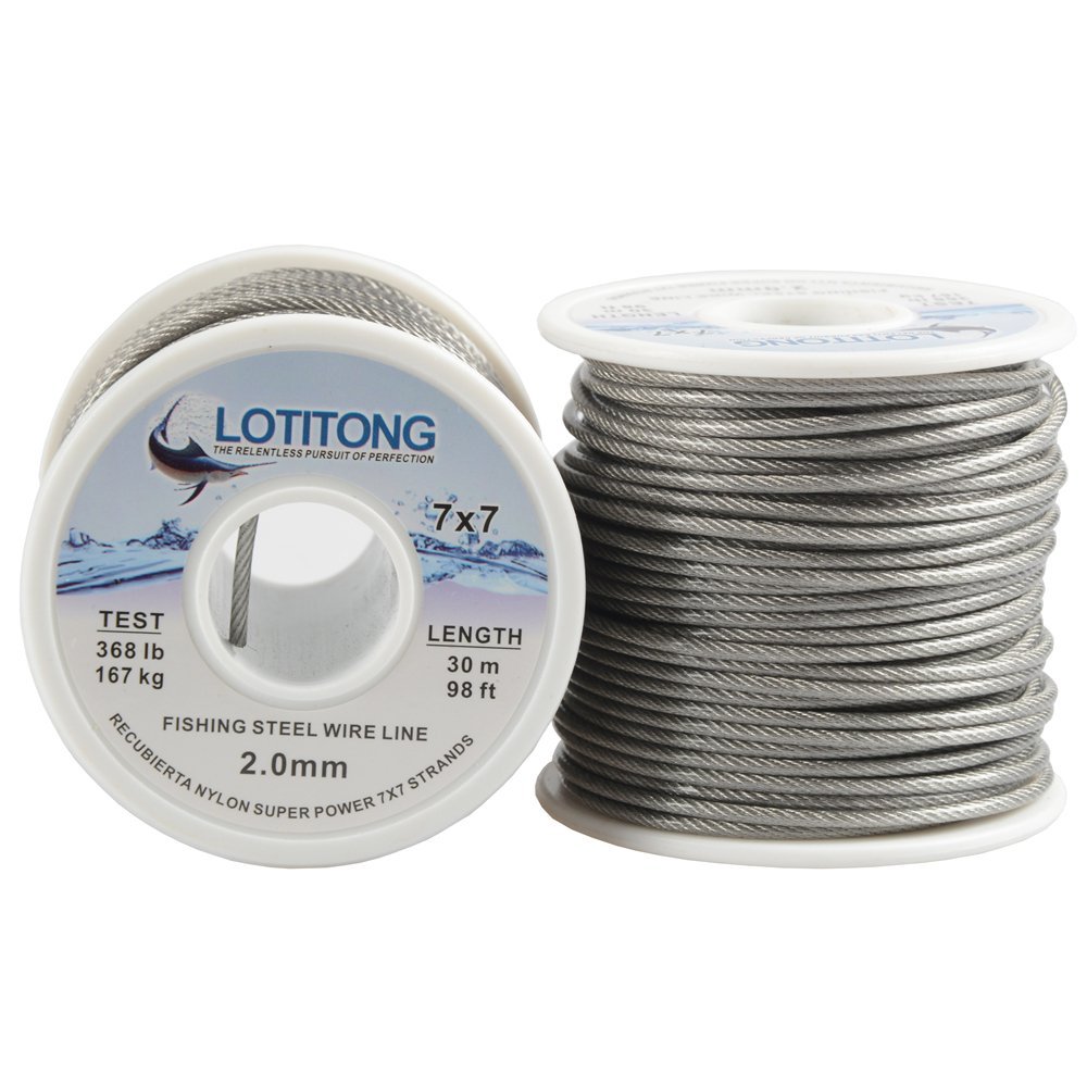 368LB fishing steel wire line 7x7 strands 2.0mm Trace Coating Wire Leader Coating Jigging Wire Lead Fish Jigging Line Fishing Wire Stainless Steel Leader Wire (30 Meters 2.0mm 368 pound Test)