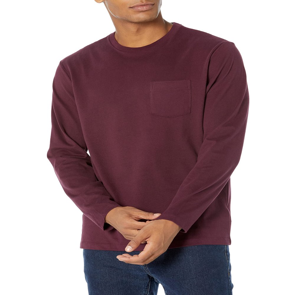 Amazon Essentials Men's Regular-Fit Crewneck T-Shirts, Long-Sleeve, Burgundy, Size X-Large, With Pocket