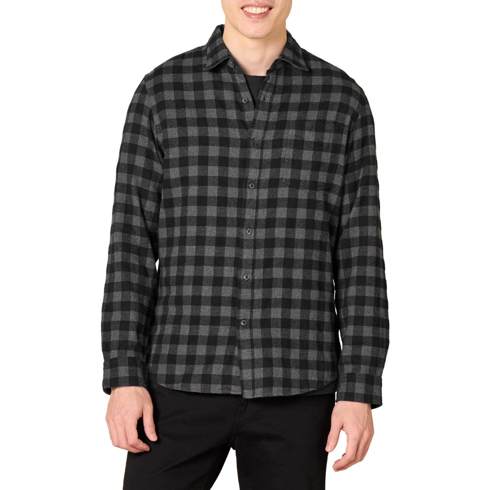 Amazon Essentials Men's Flannel Shirts Long Sleeve, Slim-Fit Button Down Plaid, Black Charcoal Buffalo Plaid, Small