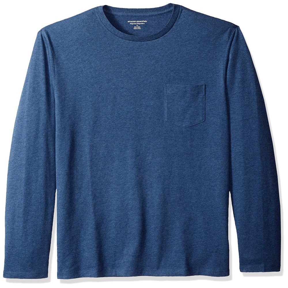 Amazon Essentials Men's Regular-Fit Crewneck T-Shirts, Long-Sleeve, Blue Heather, Size X-Large, With Pocket