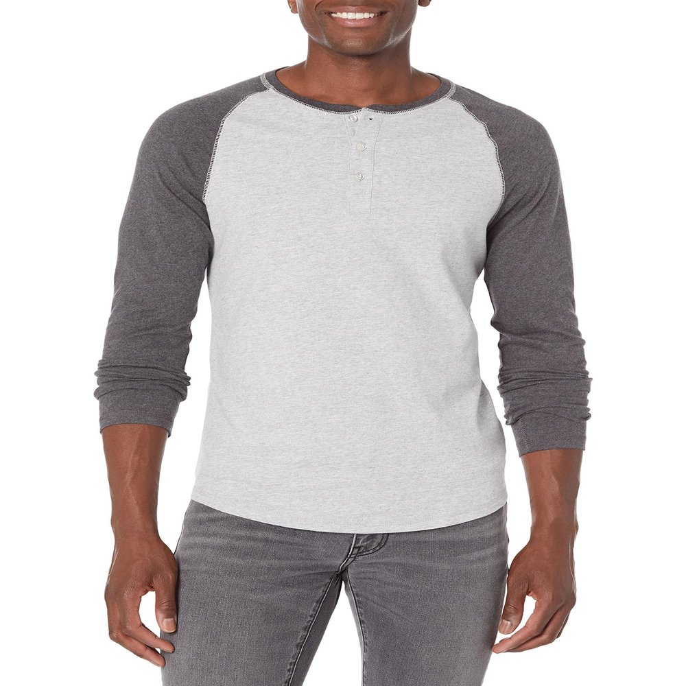 Amazon Essentials Men's Slim-Fit Long-Sleeve Henley Shirt, Charcoal Heather Light Grey Heather, Small