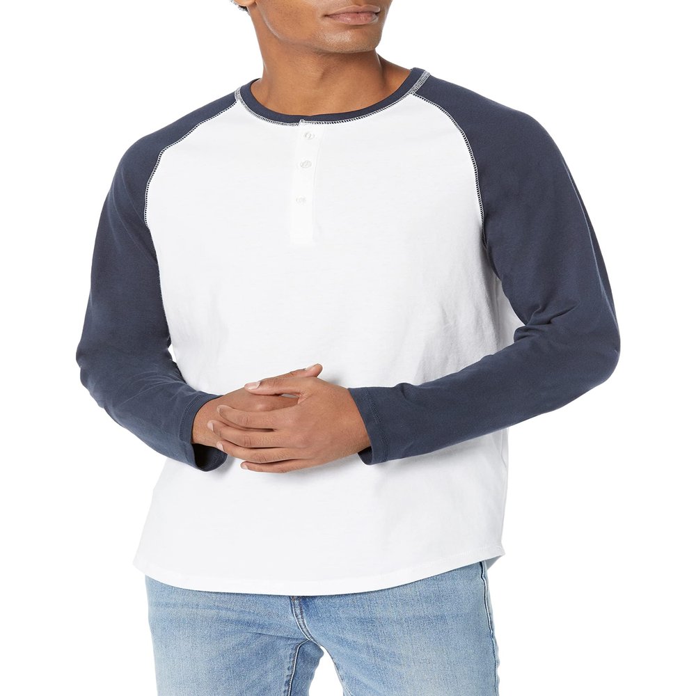 Amazon Essentials Men's Slim-Fit Long-Sleeve Henley Shirt, Navy White, Small