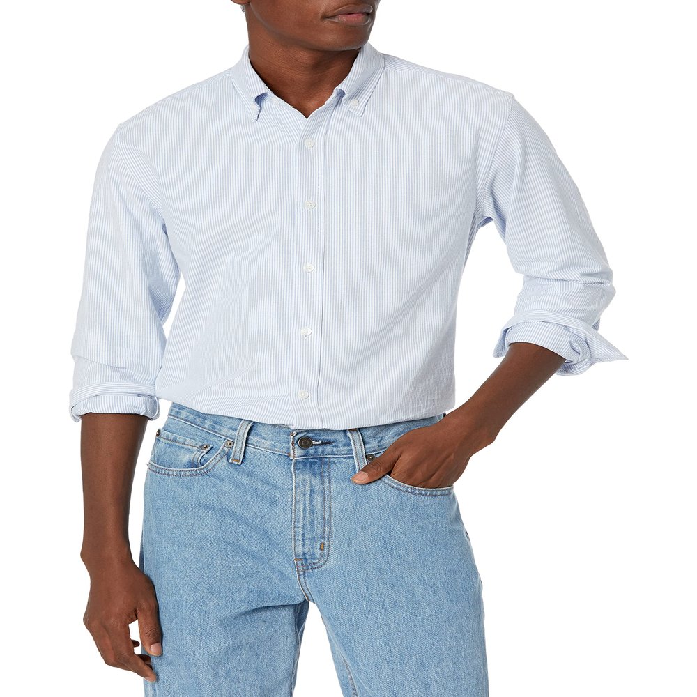 Amazon Essentials Men's Regular-Fit Long Sleeve Oxford Shirt, Blue Stripe, Large