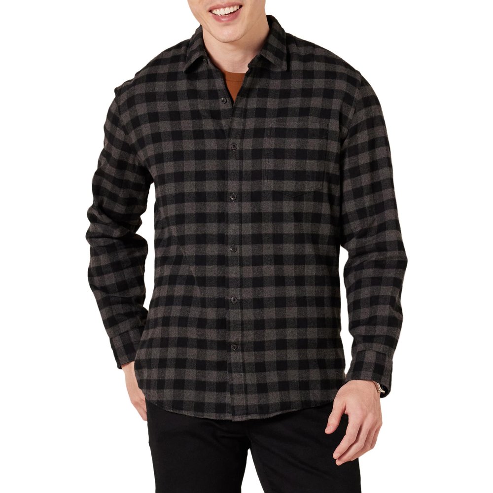 Amazon Essentials Men's Long-Sleeve Flannel Shirt, Charcoal Buffalo Plaid, X-Large