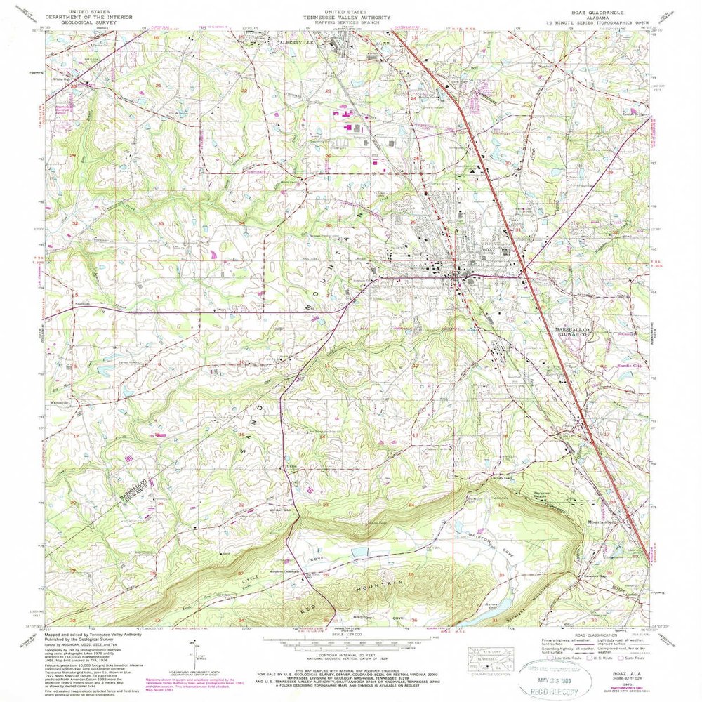 YellowMaps Boaz AL topo map, 1:24000 Scale, 7.5 X 7.5 Minute, Historical, 1976, Updated 1987, 26.8 x 22 in - Tyvek