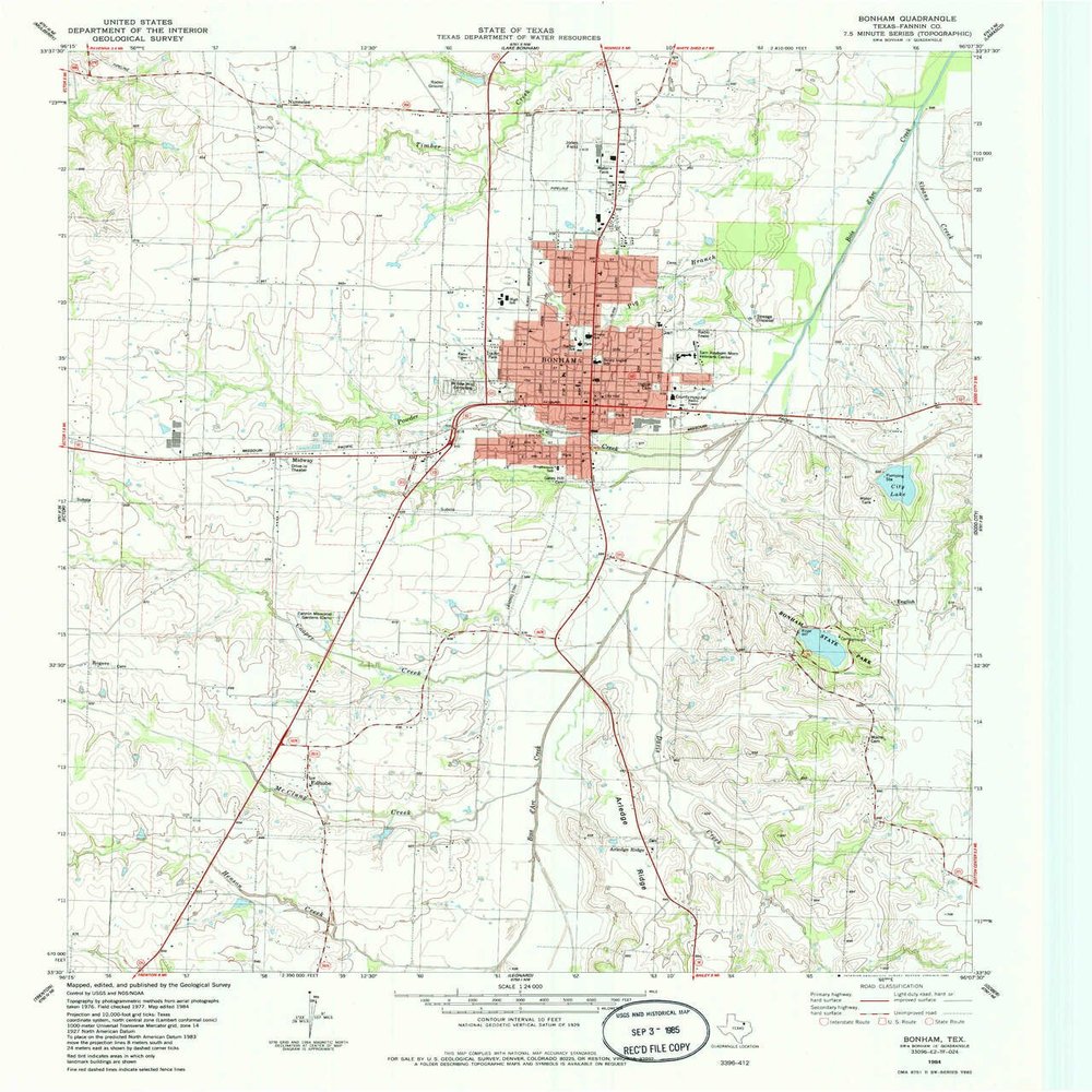 YellowMaps Bonham TX topo map, 1:24000 Scale, 7.5 X 7.5 Minute, Historical, 1984, Updated 1985, 26.9 x 23 in - Tyvek