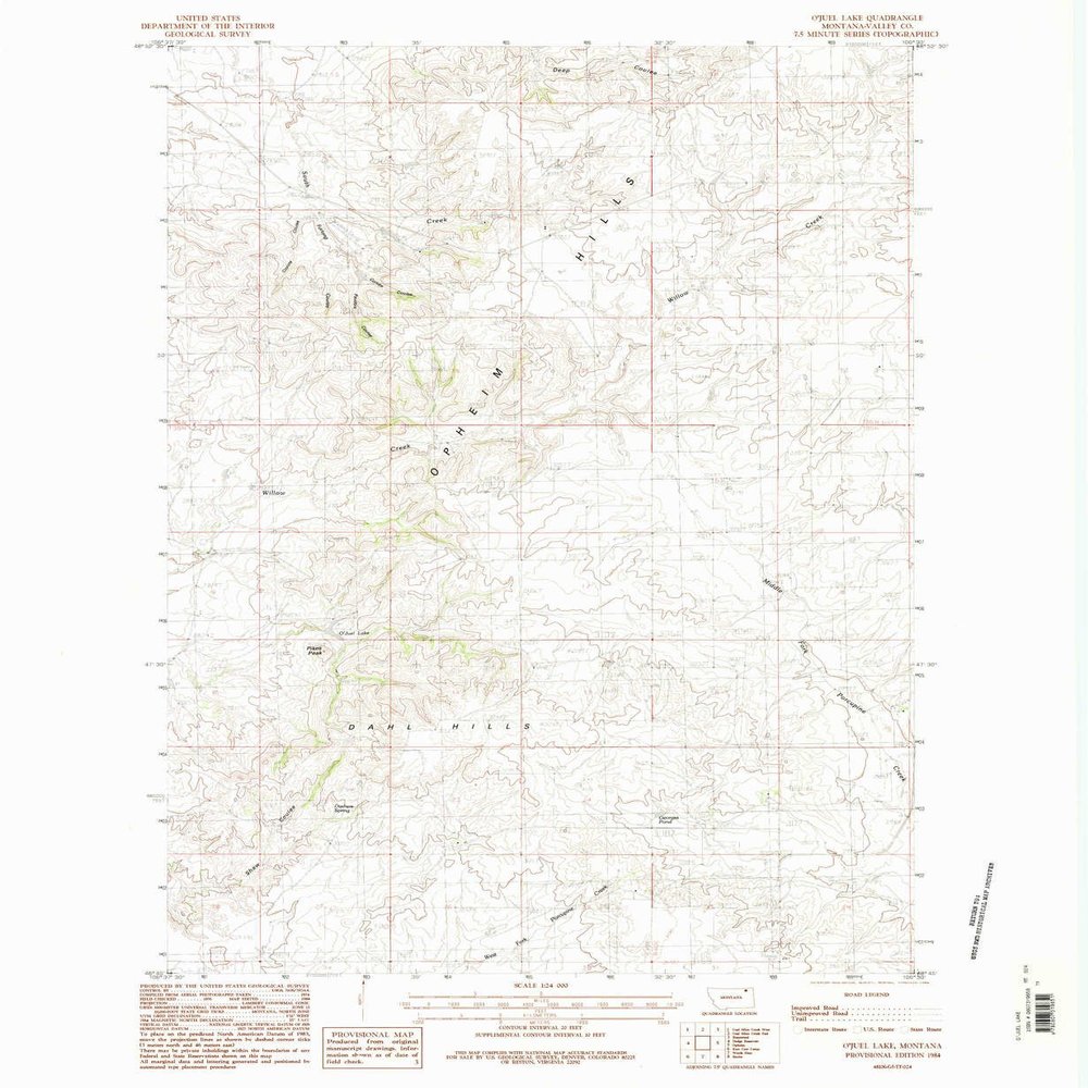 YellowMaps O Juel Lake MT topo map, 1:24000 Scale, 7.5 X 7.5 Minute, Historical, 1984, Updated 1984, 27 x 22.2 in - Tyvek