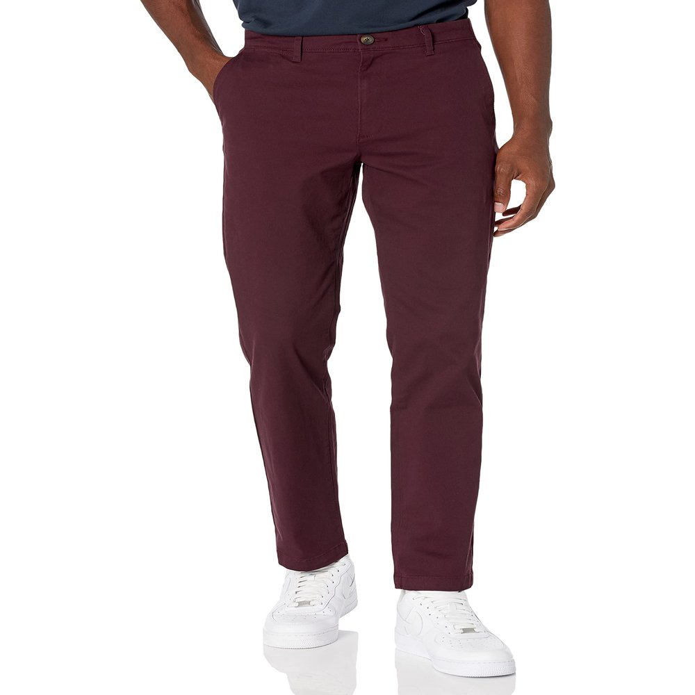 Amazon Essentials Mens Straight-Fit Casual Stretch Chino Pants, Burgundy, 42W x 30L