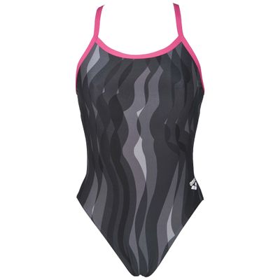 Arena Women's Wavy Water Challenge Back One Piece Fl, Black / Fresia Rose, 22