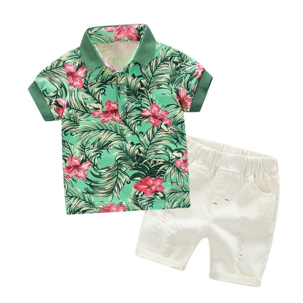 Baby Boy Suit Short Sleeve Flower T-Shirt with Elastic Waist White Hot Holes Shorts Clothes Set
