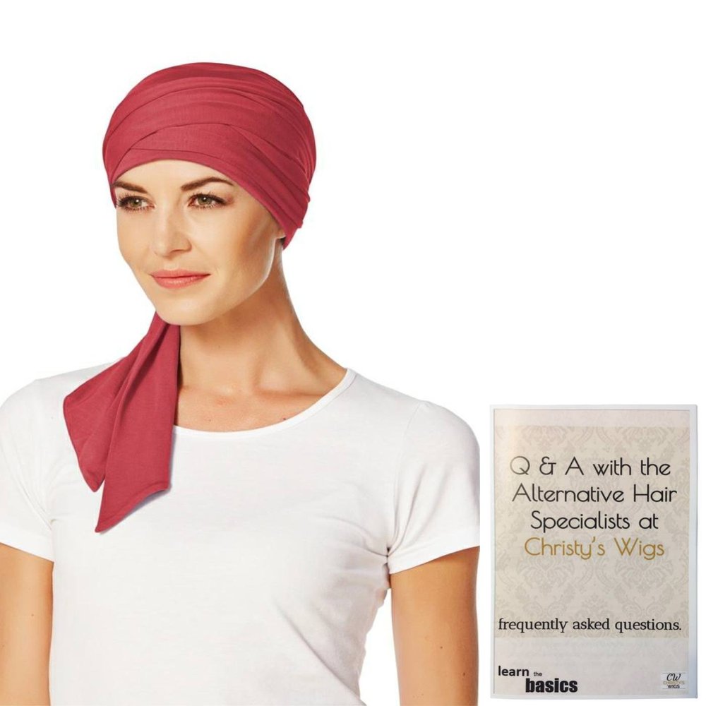 Bundle - 2 Items: Mantra Long Scarf by Christine Headwear (Item #1), Christy's Wigs Q & A Booklet (Item #2) - Color: Red