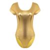 FEESHOW Women's Long Sleeve Shiny Metallic Gymnastics Dance Leotard Gold (Short Sleeve) Large view 1