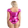 FEESHOW Women's Long Sleeve Shiny Metallic Gymnastics Dance Leotard Rose (Short Sleeve) Medium view 2
