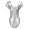FEESHOW Women's Long Sleeve Shiny Metallic Gymnastics Dance Leotard Silver (Short Sleeve) Small view 4