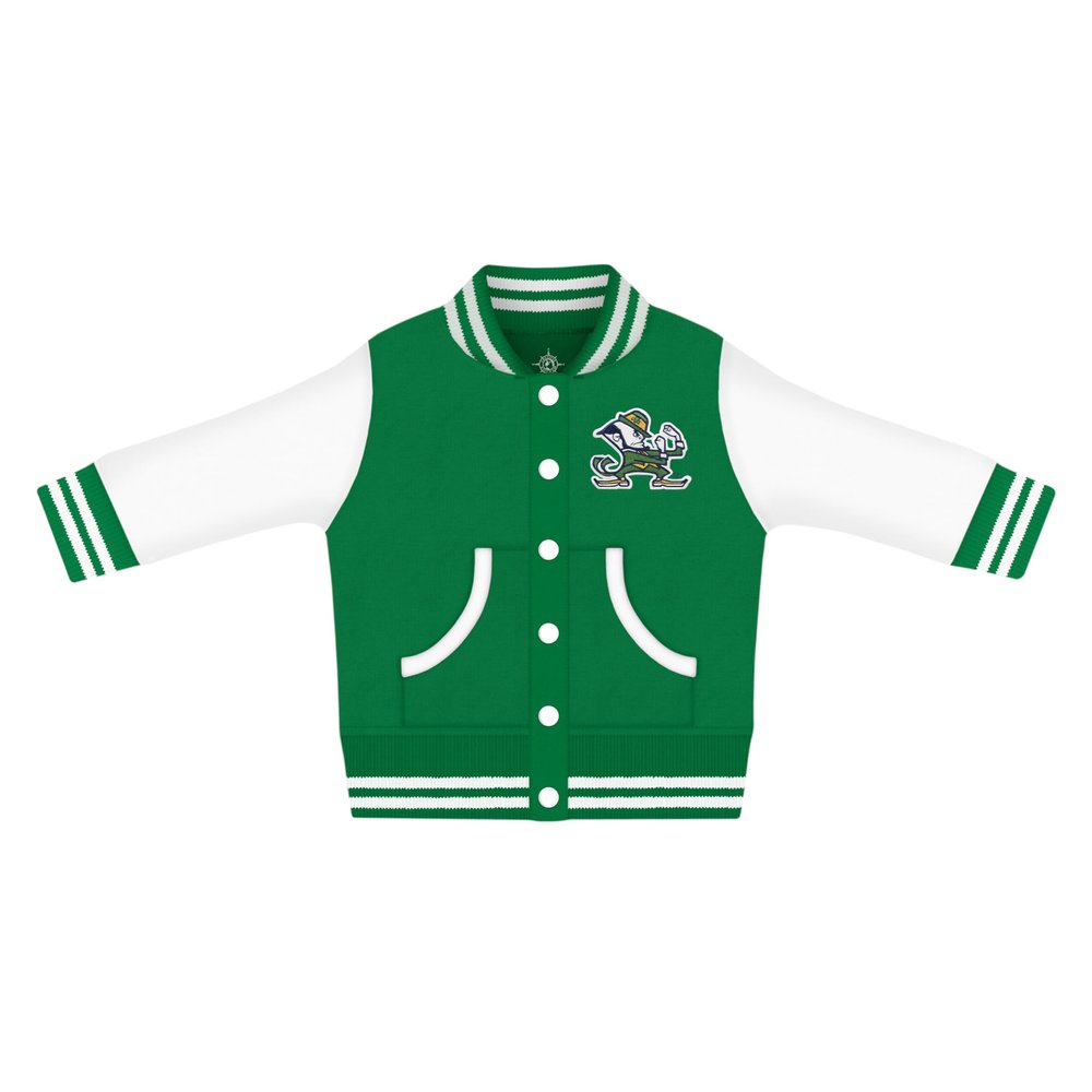 Creative Knitwear College Baby Letterman Varsity Jacket - Notre Dame Leprechaun Logo - Kelly - 24 Months