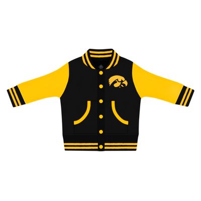 Creative Knitwear College Baby Letterman Varsity Jacket - Iowa Hawkeyes Logo - Black/Gold - 6-9 Months