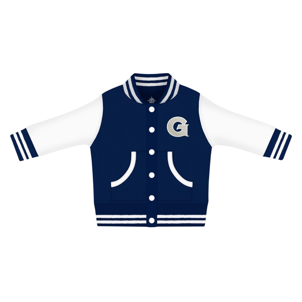 Creative Knitwear College Baby NCAA Officially Licensed Letterman Varsity Jacket - Georgetown G Logo - Navy - 6-9 Months