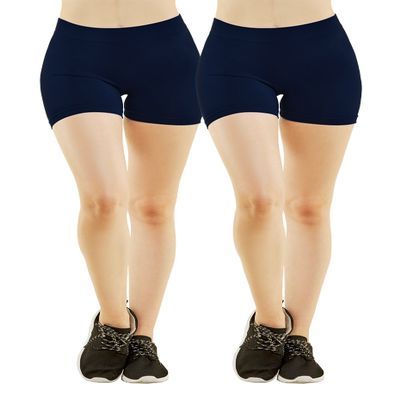 MOPAS Women's Ribbed Waistband Thigh Length Spandex Shorts (Pack of 2) (Navy)