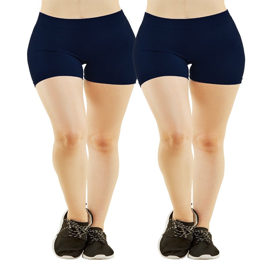 MOPAS Women's Ribbed Waistband Thigh Length Spandex Shorts (Pack of 2) (Navy)