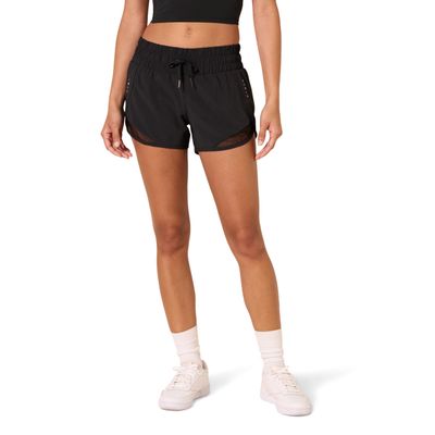 Amazon Essentials Women's Regular-Fit Athletic Ruched Waistband Woven Running Shorts with Zip Pocket, Black, Small