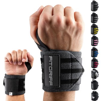 Fitgriff Wrist Wraps for Weightlifting (18") Heavy-Duty Support for Gym, Bench Press, and Pushups (1 Pair) - for Men and Women (Grey/Black)